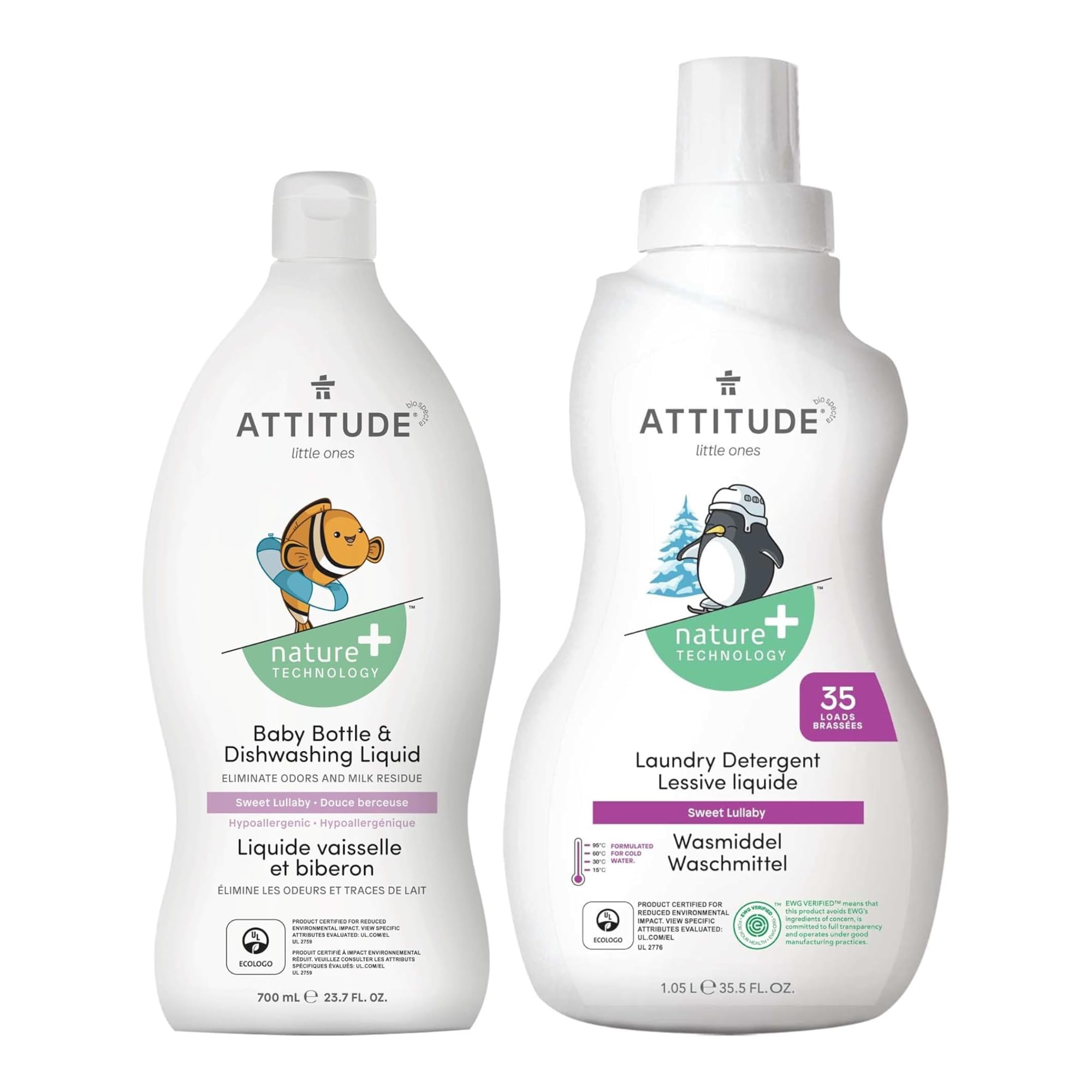 EWG Verified ATTITUDE Baby Bottle and Dishwashing Liquid Bundle, Vegan, Sweet Lullaby, 2|7 Fl Oz + Baby Laundry Deterge