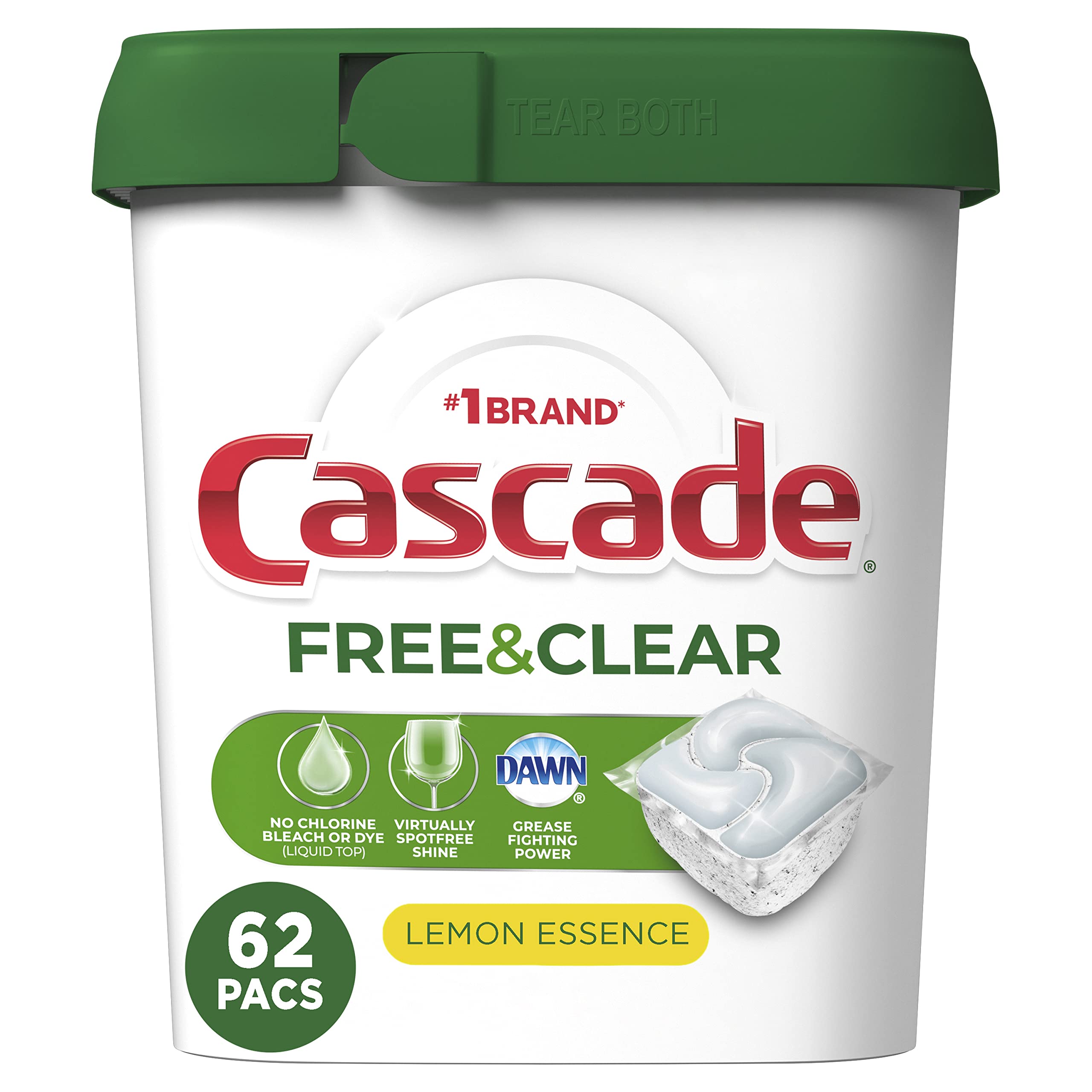 Cascade Free & Clear ActionPacs Dishwasher Detergent, Lemon Essence, Family of 4, Everyday Use, Strong Stain Removal, 62
