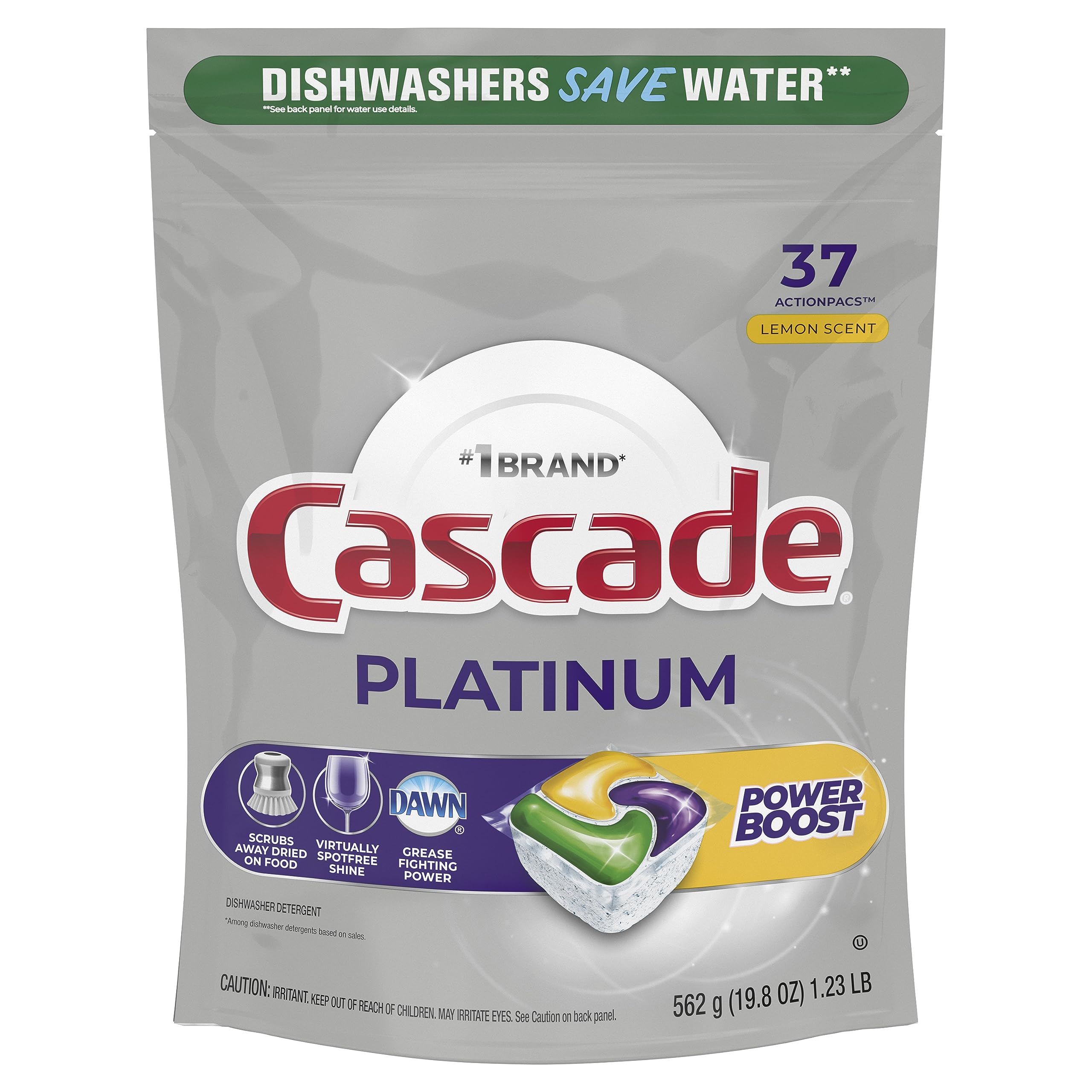 Cascade Platinum Power Boost Dishwasher Pods, Dishwasher Detergent, 37 Count, Lemon, Powerful Clean and Fresh Scents, Co