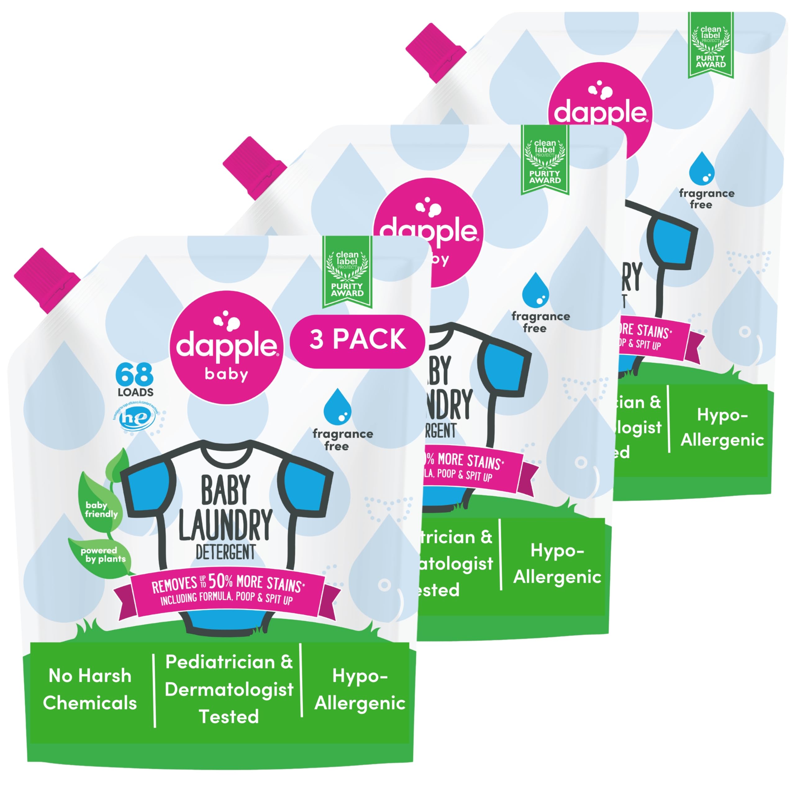 Dapple Baby Concentrated & Hypoallergenic Laundry Detergent, Fragrance Free, Stain Removing Natural Ingredients, 34 Fl O