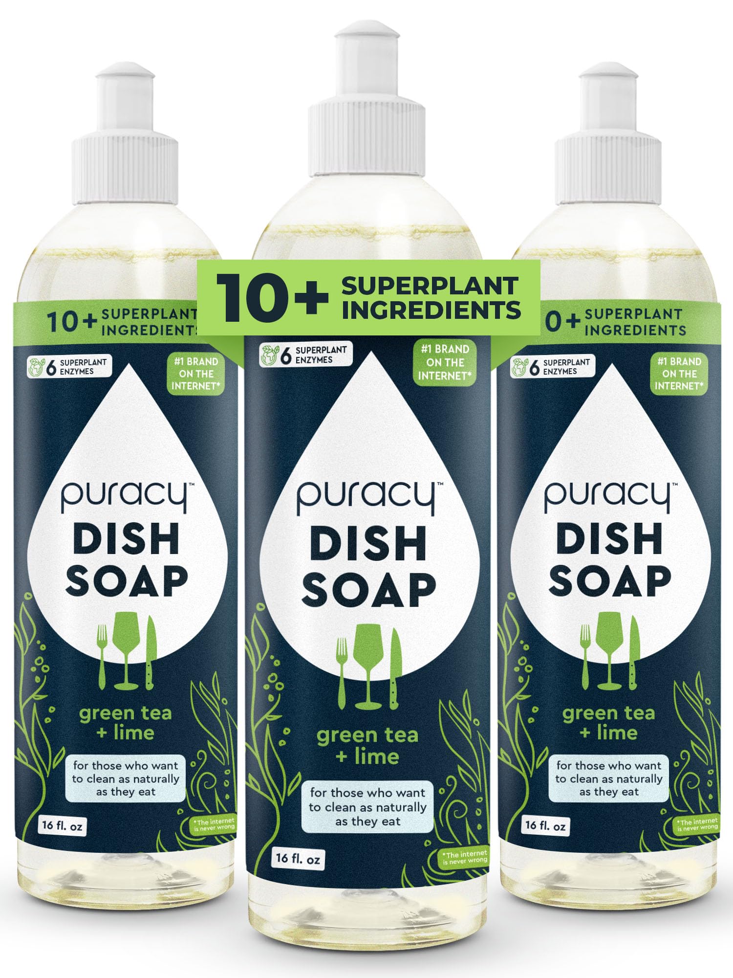 Puracy Natural Dish Soap - Skin-Softening Green Tea & Lime Plant-Based Dish Soap, Non-Toxic Organic Formula, 16 Fl Oz, 3