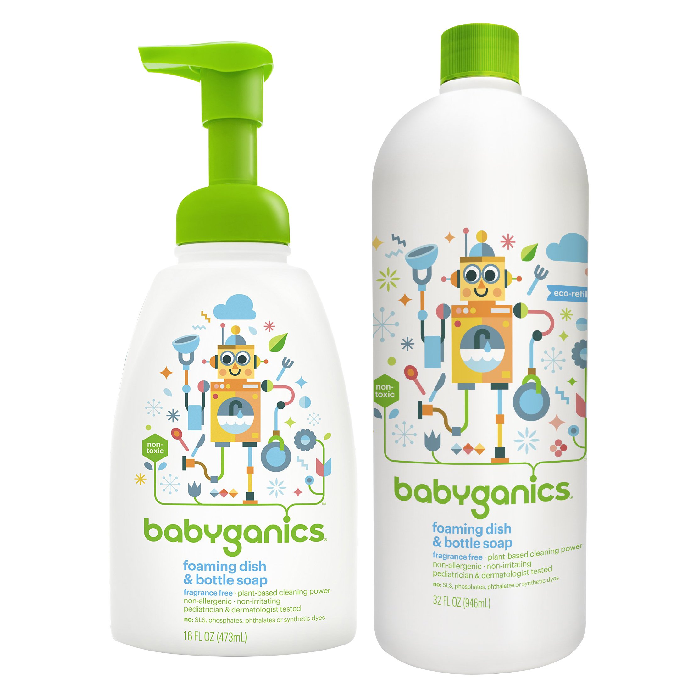 Babyganics 16 Ounce Dish Dazzler Foaming Dish and Bottle Soap for Babies with Refill Kit (Original Version: Natural Soap