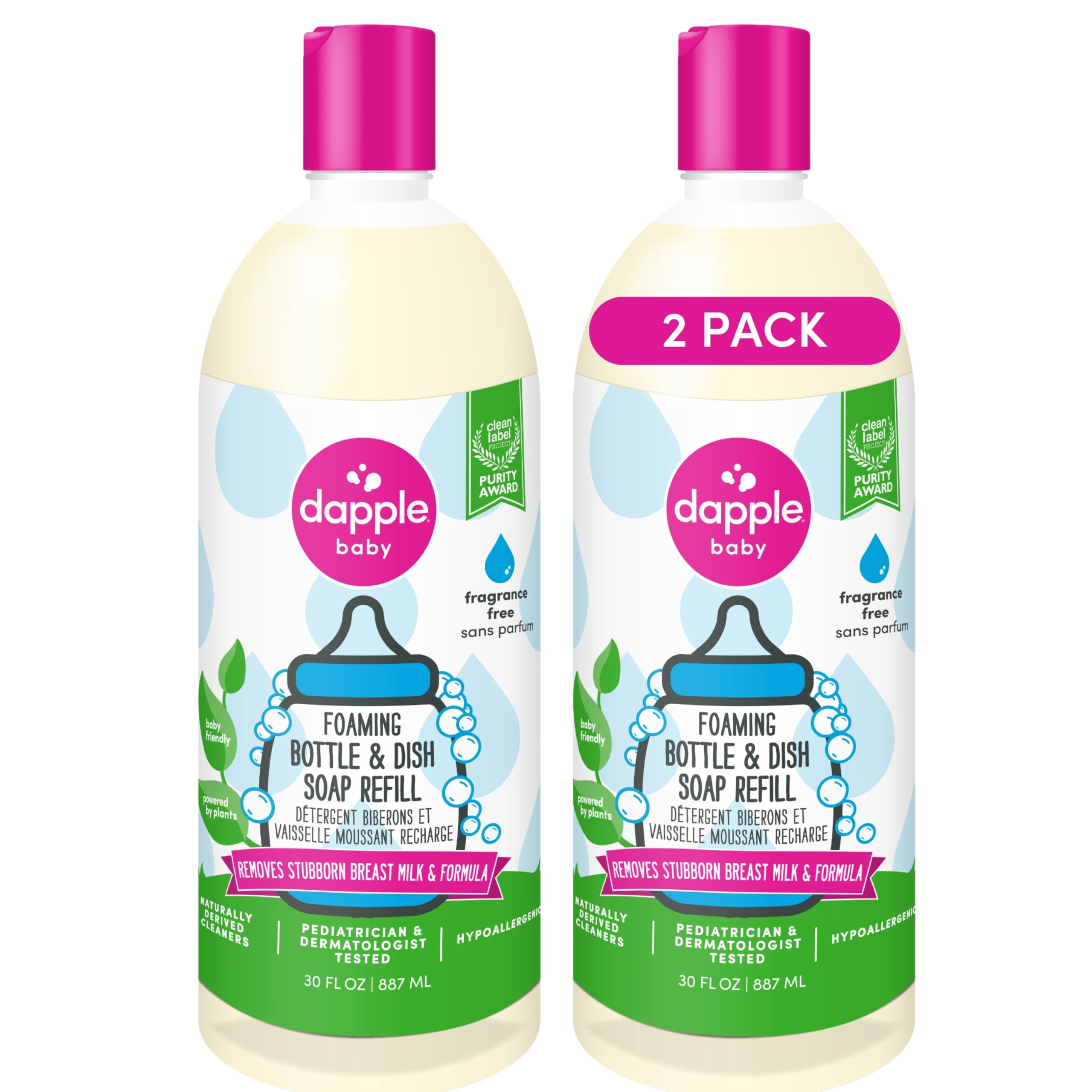 Dapple Baby Foaming Dish Soap Refill Unscented for SensITIVE Skin 2x30oz Greener Cleaning