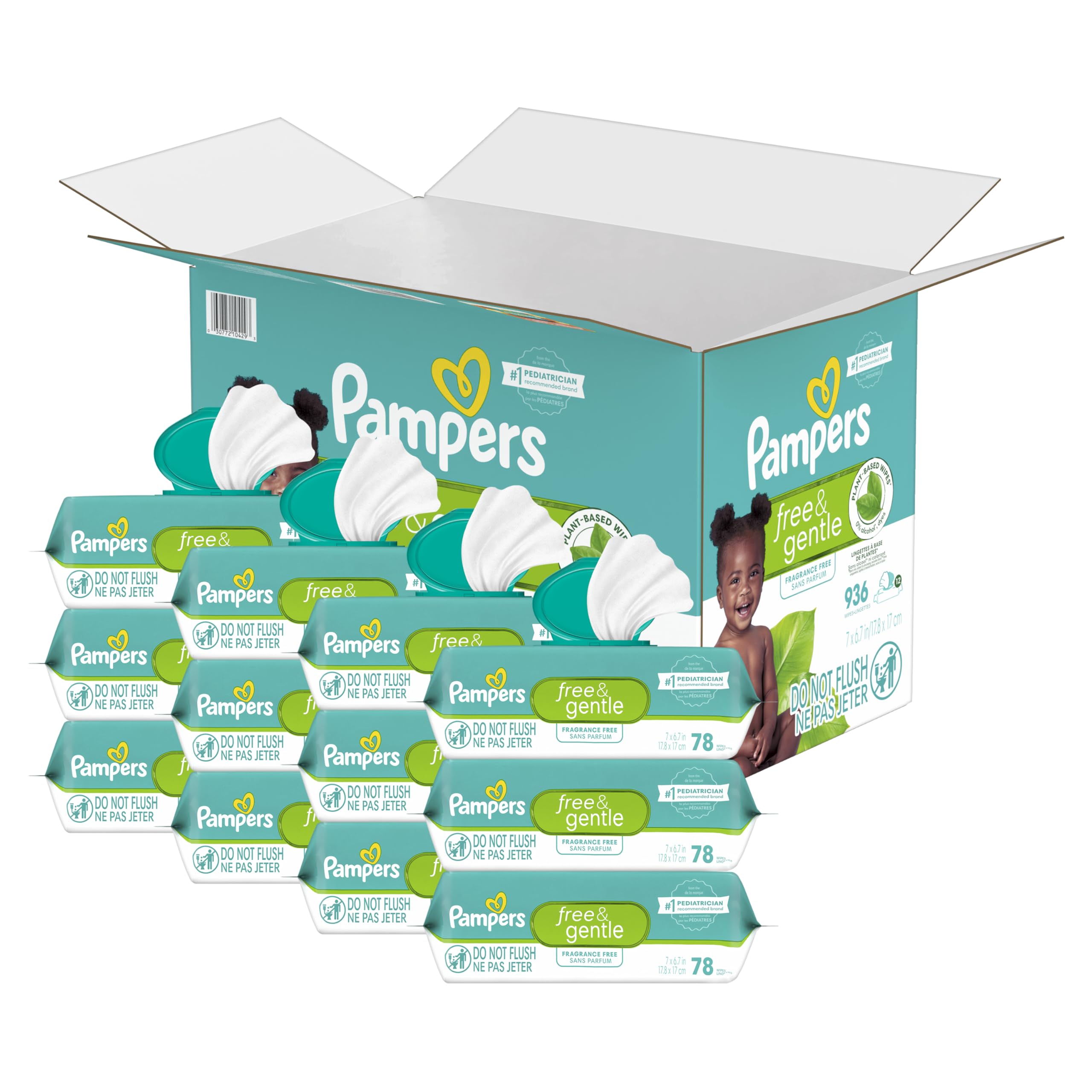 Pampers Free & Gentle Baby Wipes, Hypoallergenic and Unscented, Plastic-Free for Babies, 936 Total (12 Flip-Top Packs)