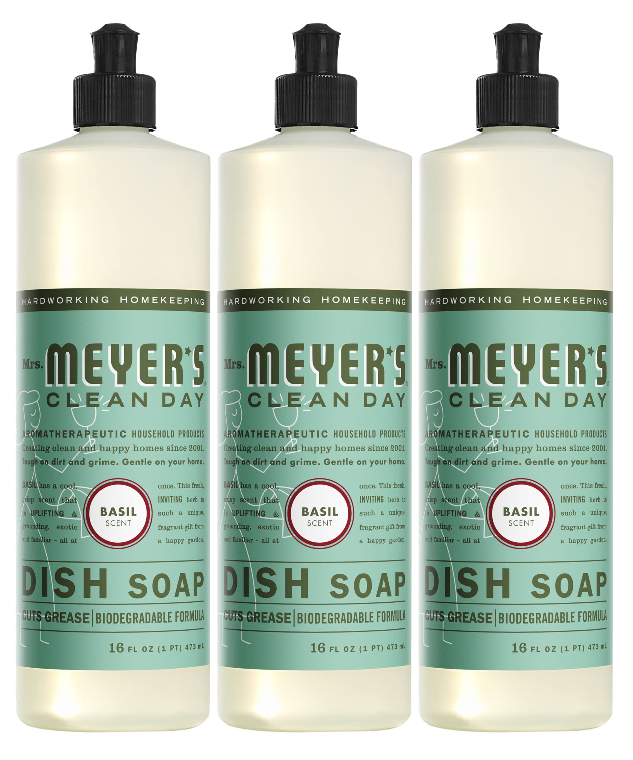 MRS. MEYER'S CLEAN DAY Biodegradable Liquid Dish Soap, Basil, 16 fl. oz for Eco-Conscious Consumers - Pack of 3 ECOLOGO